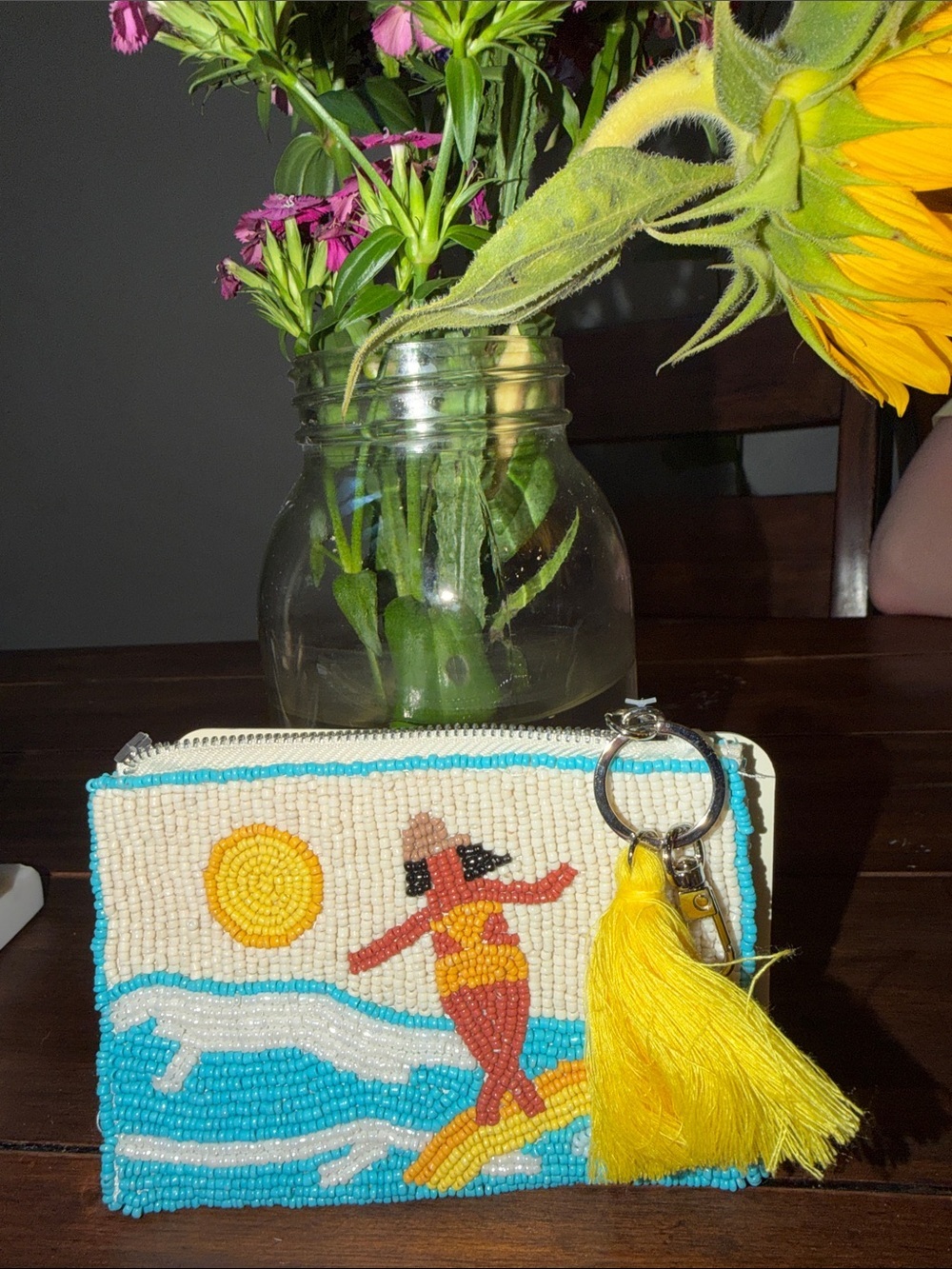 New with tags Sol and Mer handmade beaded coin purse featuring a colorful retro